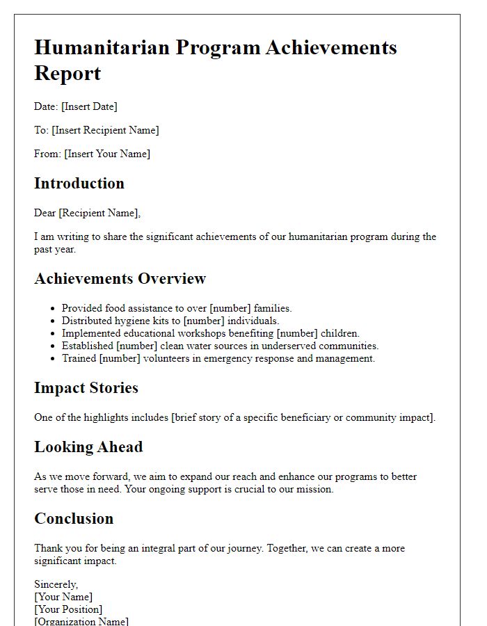 Letter template of humanitarian program achievements