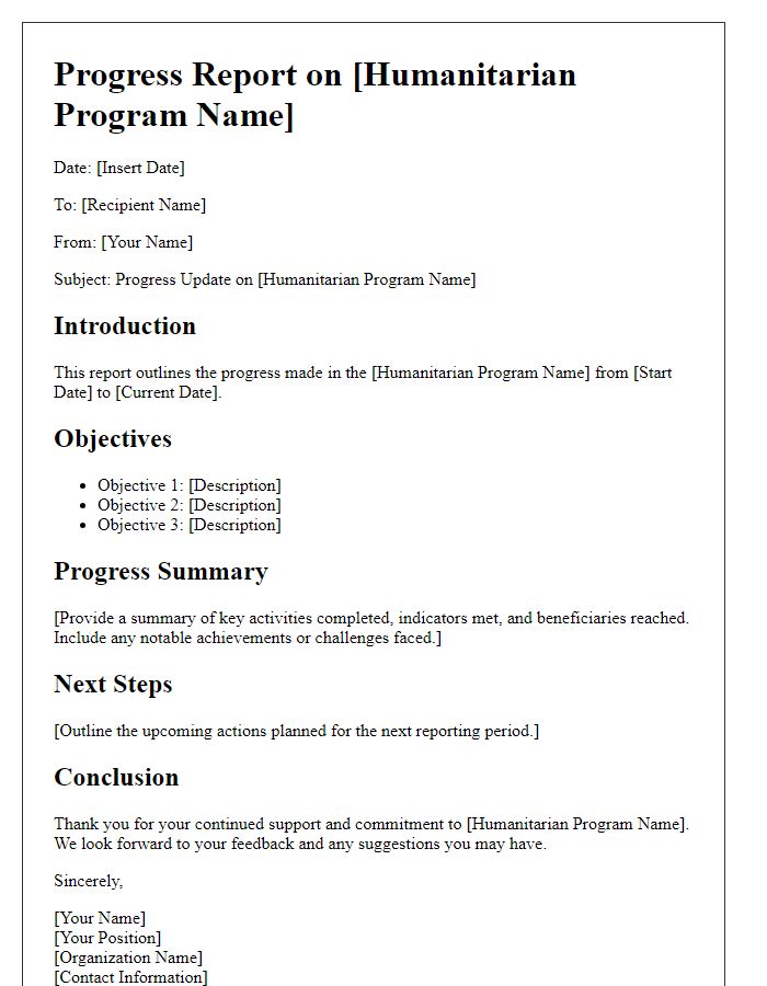 Letter template of humanitarian program progress report