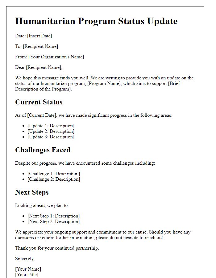 Letter template of humanitarian program status update