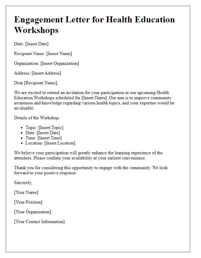 Letter template of engagement for health education workshops