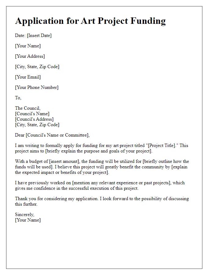 Letter template of application for art project funding from the council