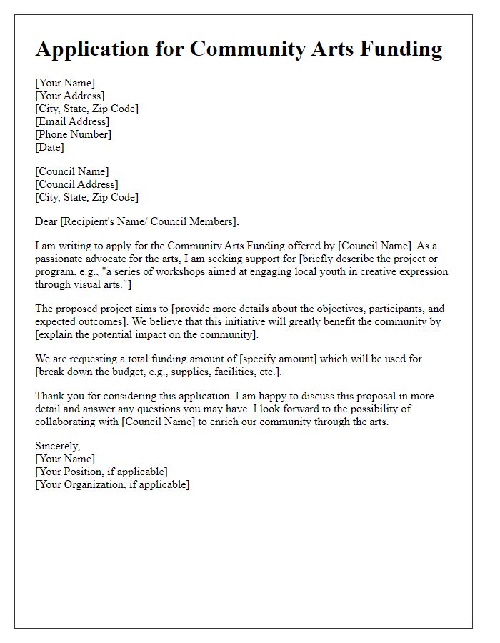 Letter template of application for community arts funding from the council