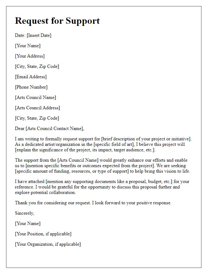 Letter template of formal request for support from the arts council