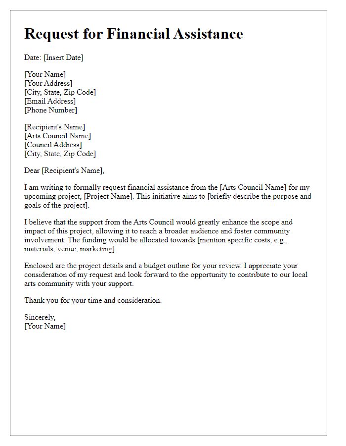 Letter template of request for arts council financial assistance