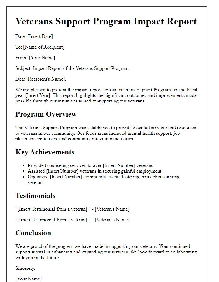 Letter template of veterans support program impact report