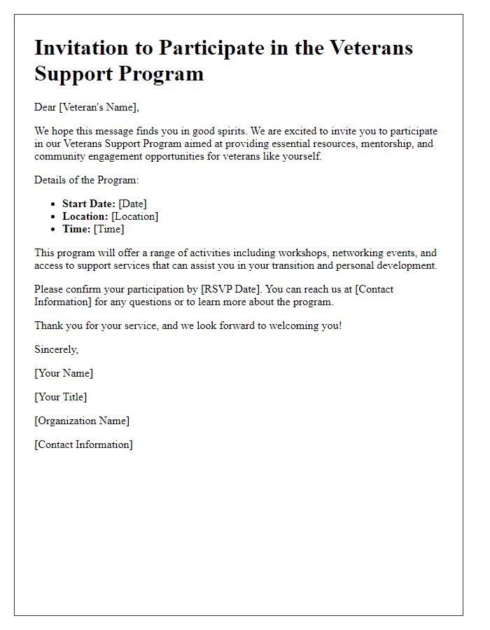 Letter template of veterans support program participation invitation