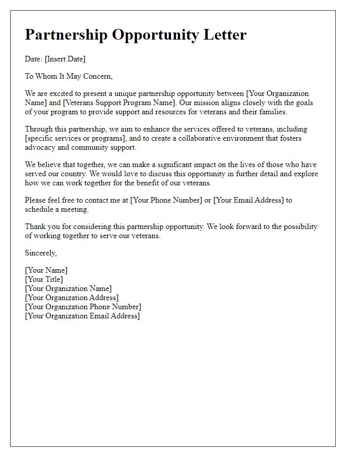 Letter template of veterans support program partnership opportunity