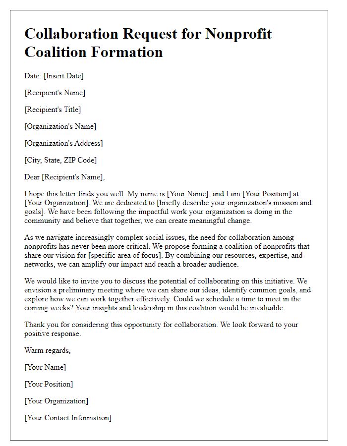 Letter template of collaboration request for nonprofit coalition formation