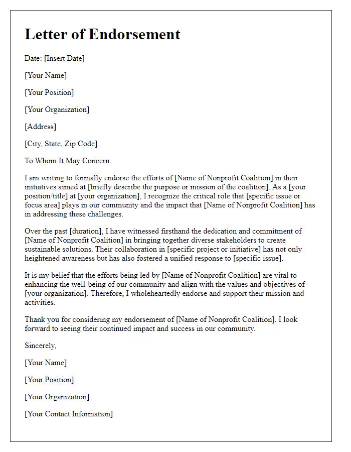 Letter template of endorsement for nonprofit coalition efforts