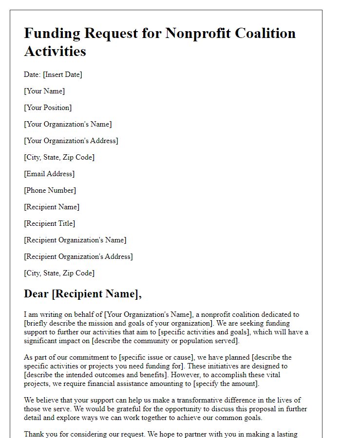 Letter template of funding request for nonprofit coalition activities