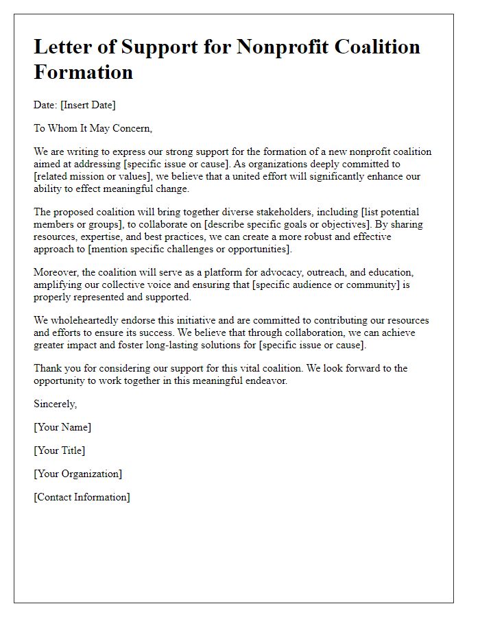 Letter template of support for nonprofit coalition formation