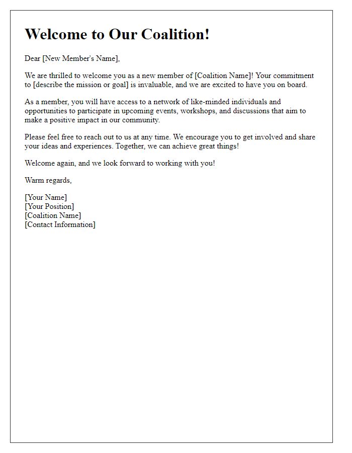 Letter template of welcome for new members in a nonprofit coalition