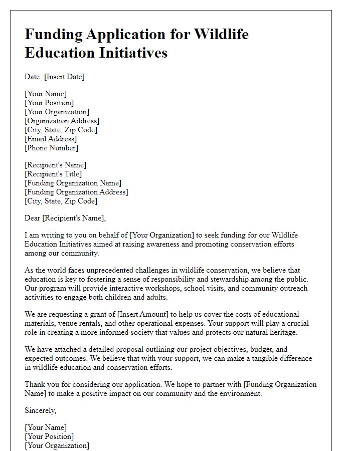 Letter template of funding application for wildlife education initiatives