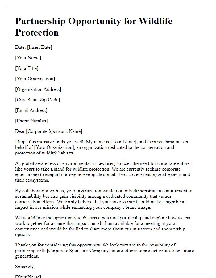 Letter template of outreach for corporate sponsorship in wildlife protection