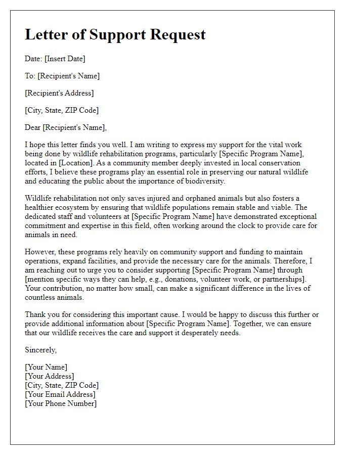 Letter template of support request for wildlife rehabilitation programs