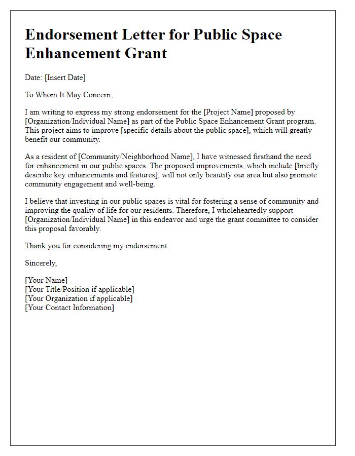 Letter template of endorsement for public space enhancement grant