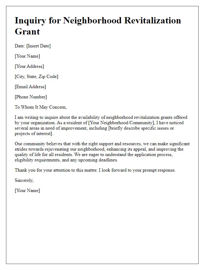 Letter template of inquiry for neighborhood revitalization grant