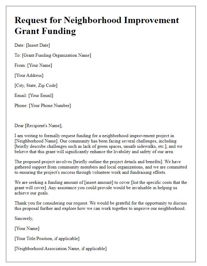 Letter template of request for neighborhood improvement grant funding