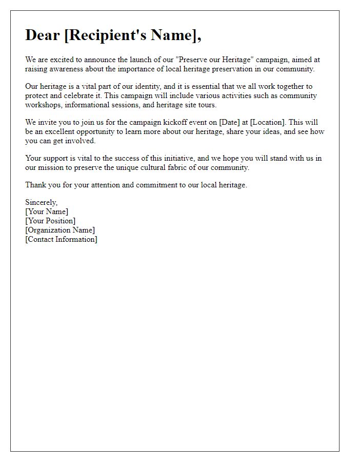 Letter template of awareness campaign launch for local heritage preservation