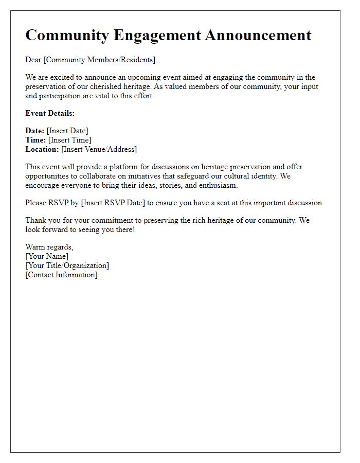 Letter template of community engagement announcement for heritage preservation