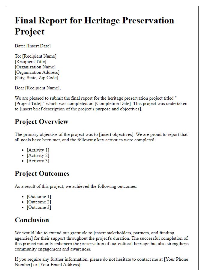 Letter template of final report for completed heritage preservation project