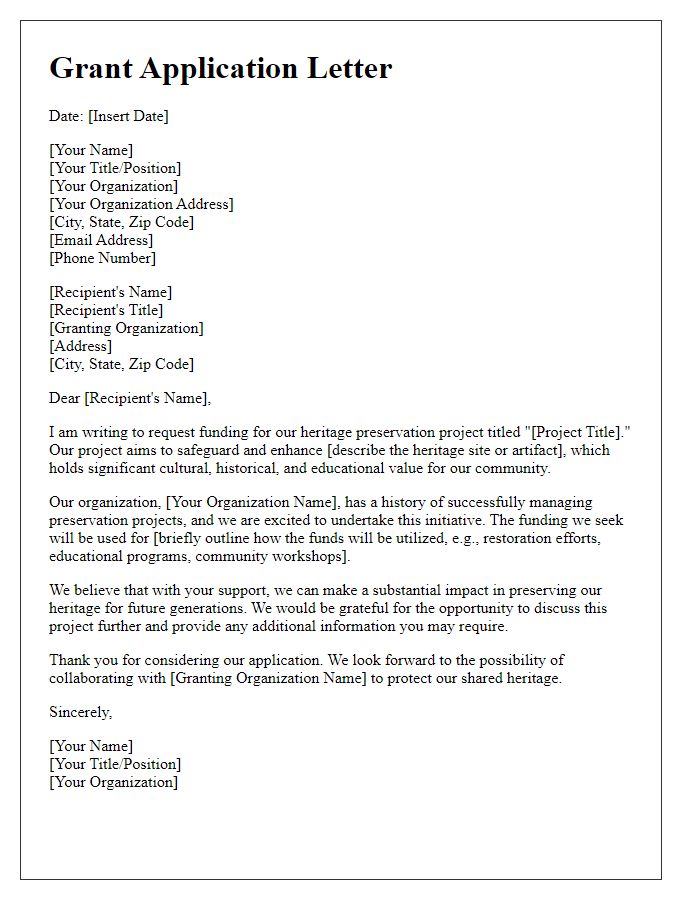 Letter template of grant application for heritage preservation project