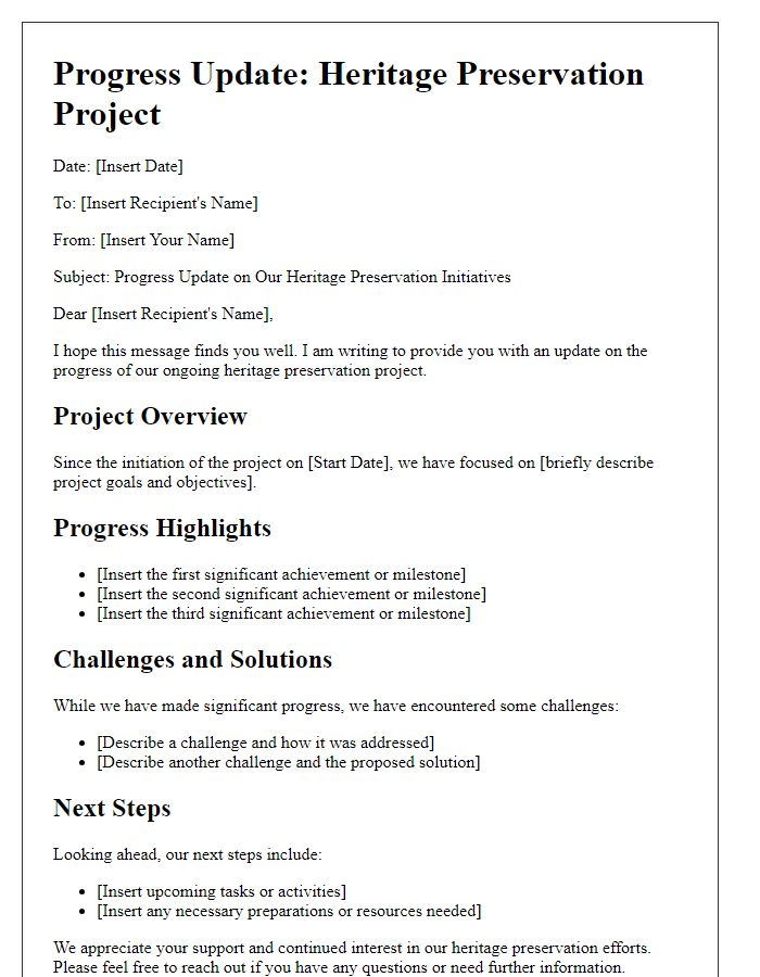 Letter template of progress update for ongoing heritage preservation project