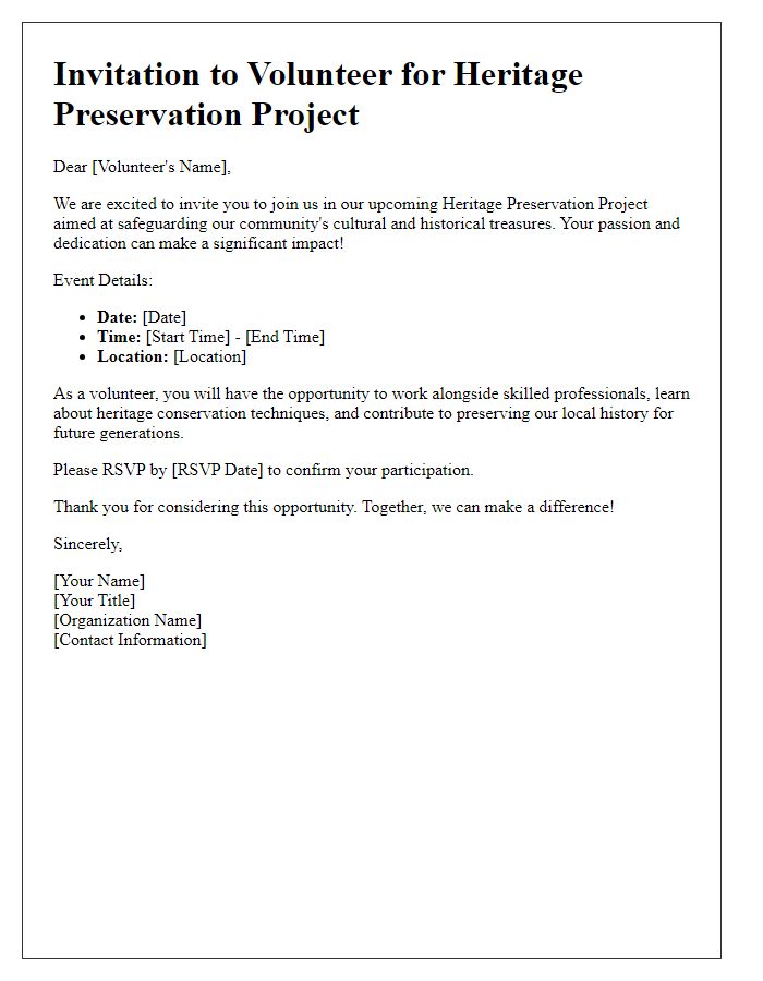 Letter template of volunteer invitation for heritage preservation project