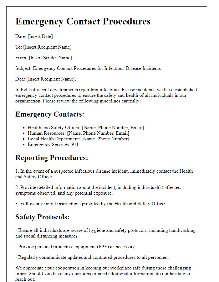 Letter template of emergency contact procedures for infectious disease incidents