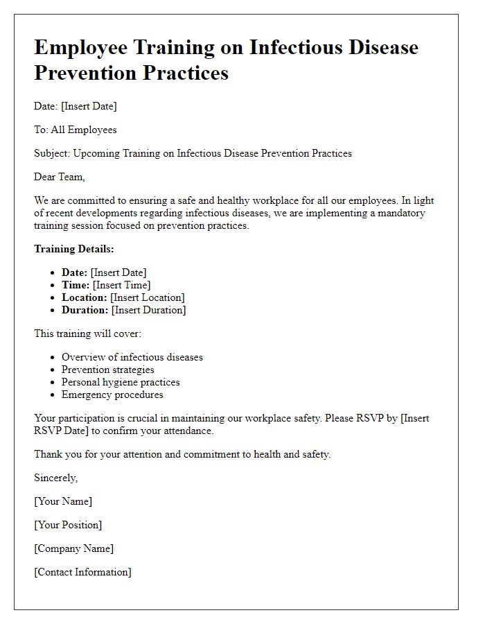 Letter template of employee training on infectious disease prevention practices