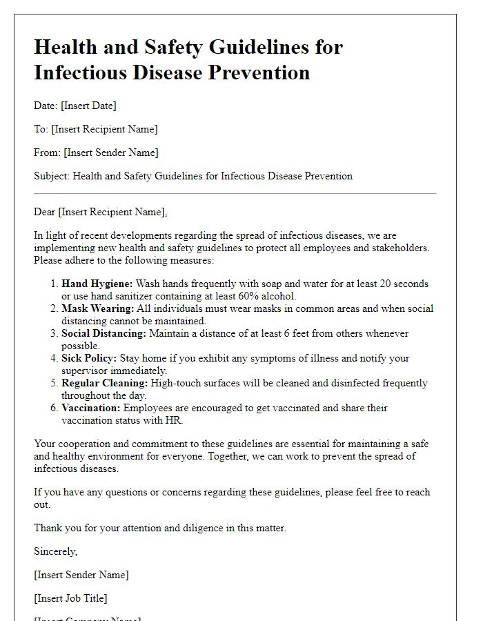 Letter template of health and safety guidelines for infectious disease prevention