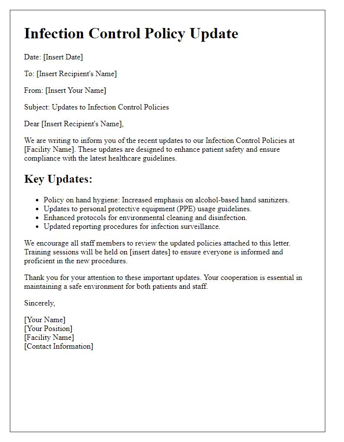 Letter template of infection control policy updates for healthcare facilities