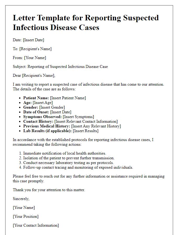 Letter template of reporting protocols for suspected infectious disease cases