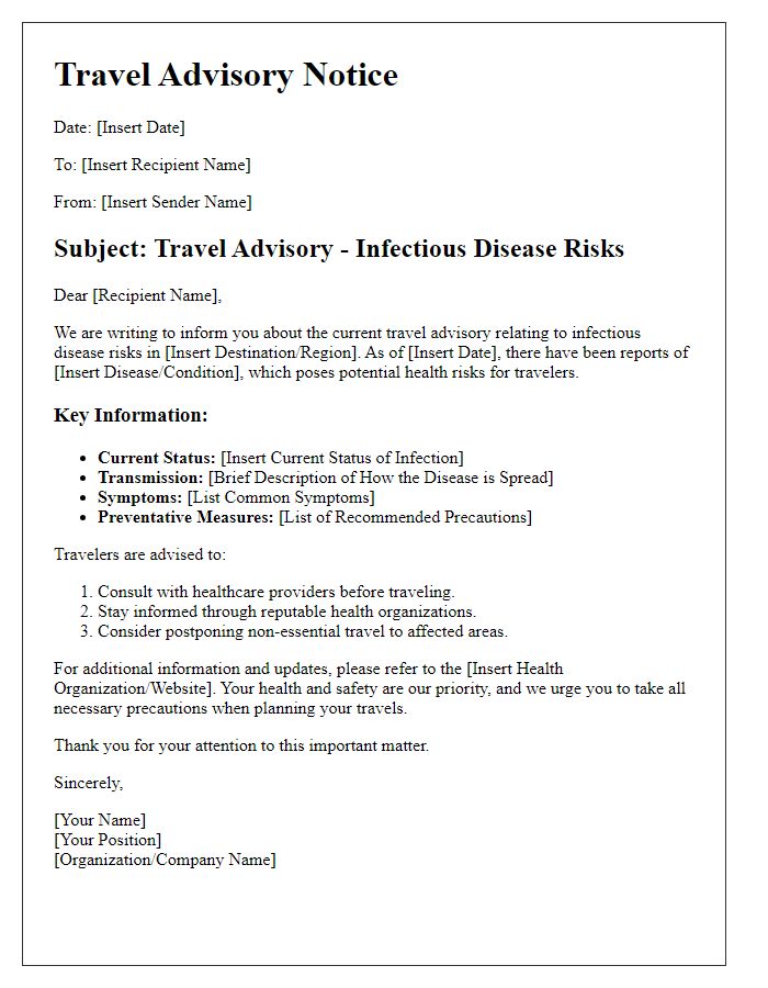 Letter template of travel advisories related to infectious disease risks