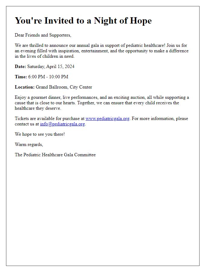 Letter template of announcement for a gala supporting pediatric healthcare