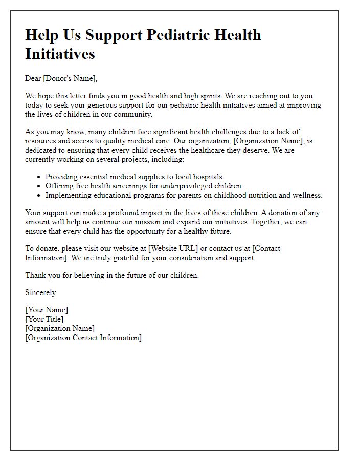 Letter template of appeal for donations for pediatric health initiatives