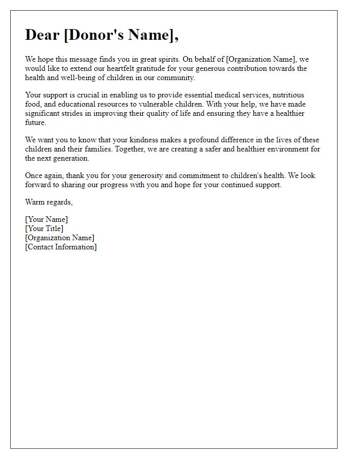 Letter template of gratitude to donors for children's health contributions