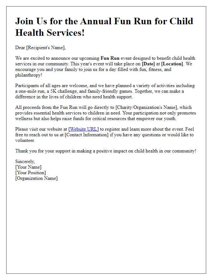 Letter template of promotion for a fun run benefiting child health services