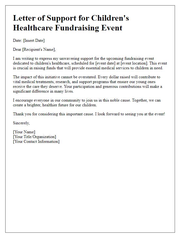 Letter template of support for children's healthcare fundraising event