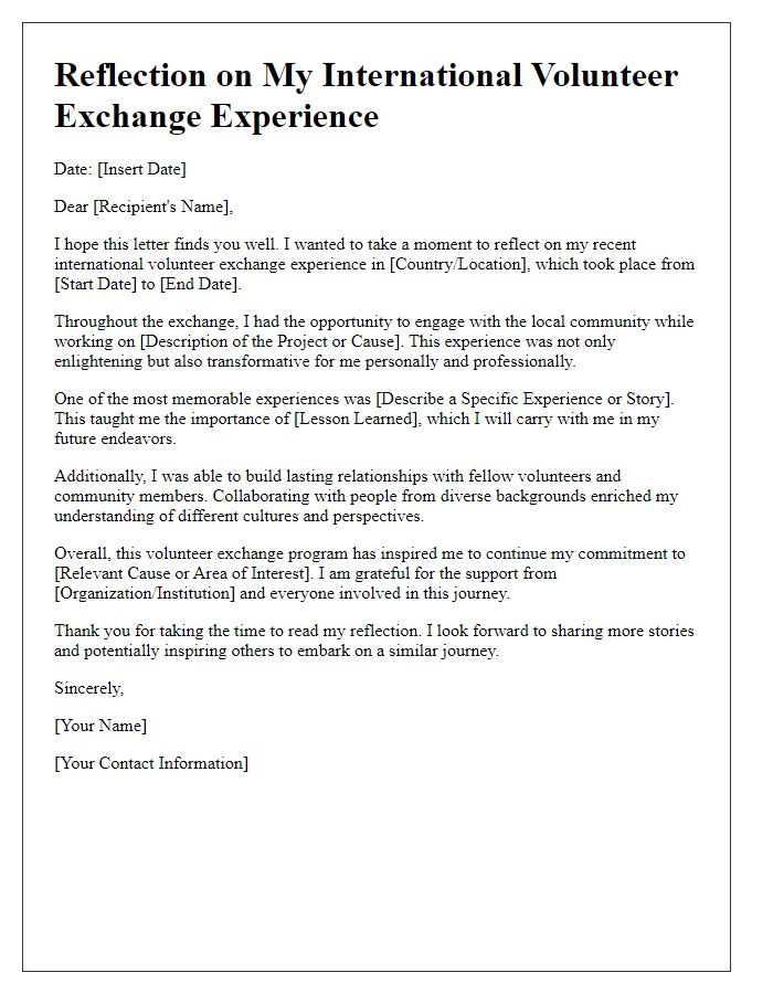 Letter template of international volunteer exchange experience reflection