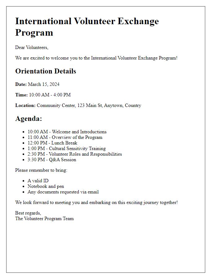 Letter template of international volunteer exchange orientation details