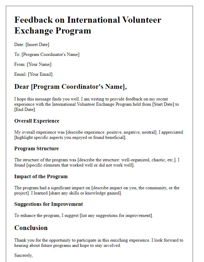 Letter template of international volunteer exchange program feedback