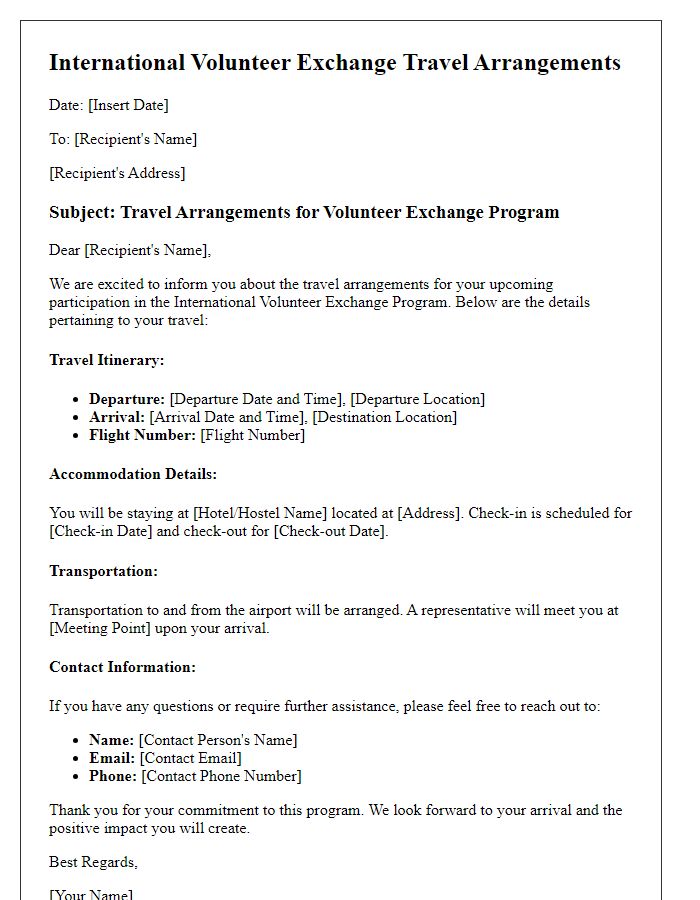 Letter template of international volunteer exchange travel arrangements