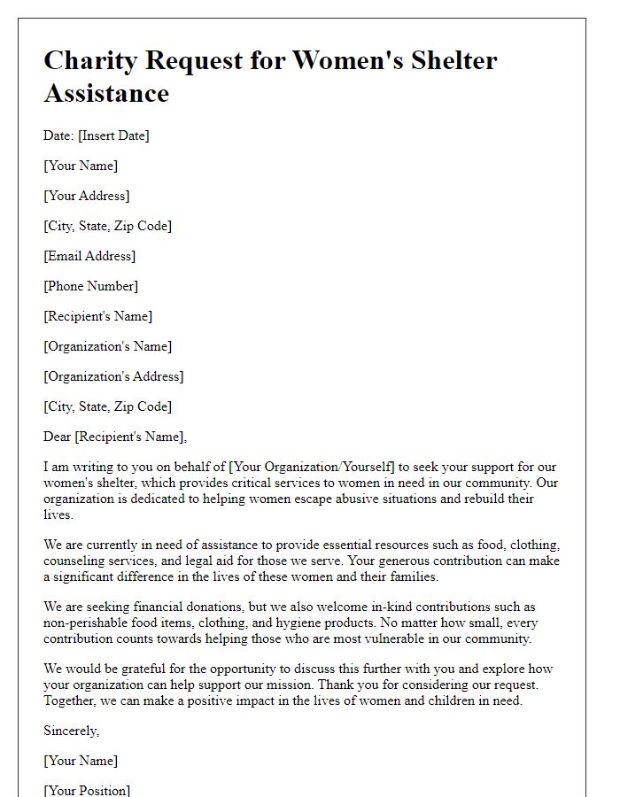 Letter template of charity request for women's shelter assistance