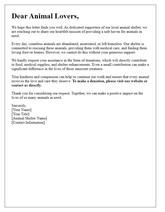 Letter template of compassionate request for donations to animal shelter