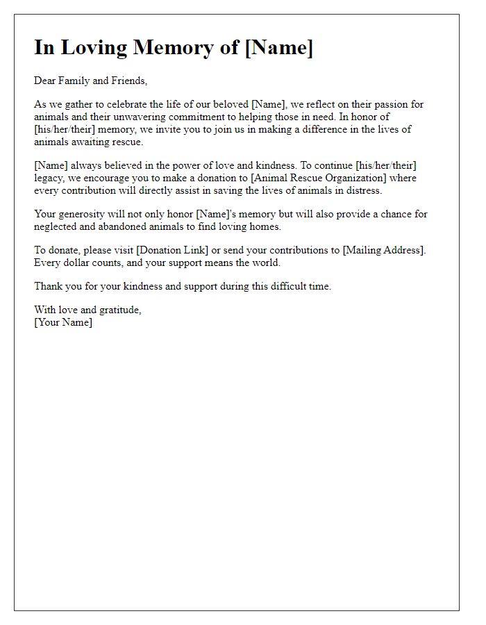 Letter template of memorial tribute encouraging donations for animal rescue