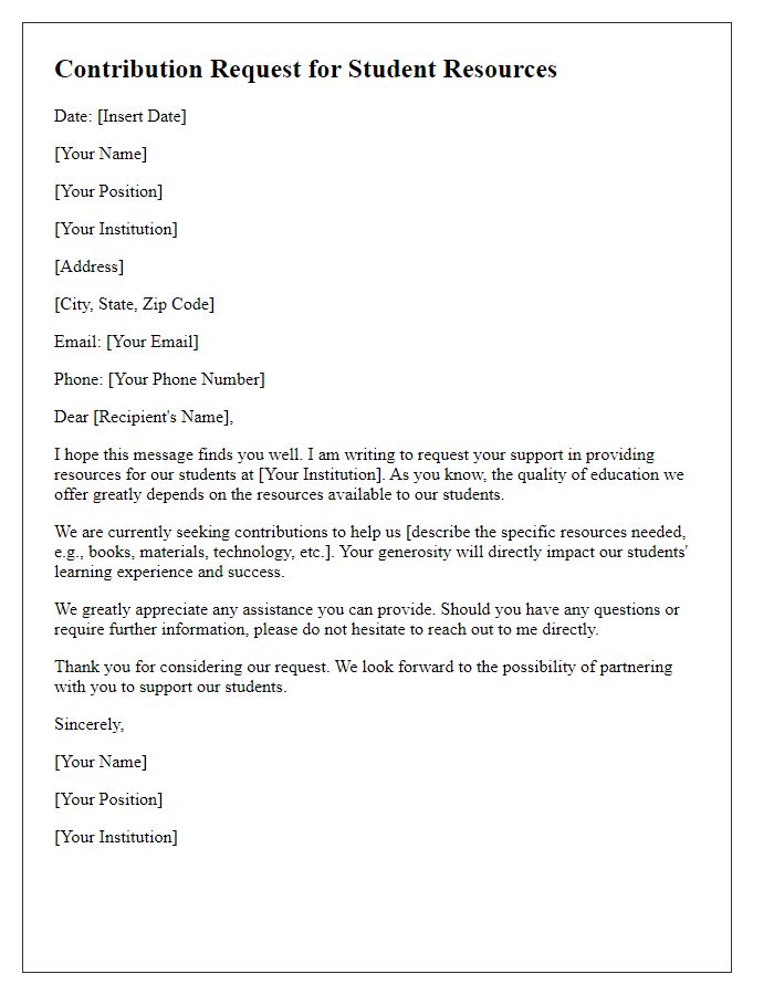 Letter template of contribution request for student resources