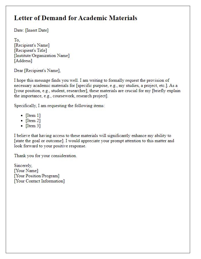 Letter template of demand for academic materials