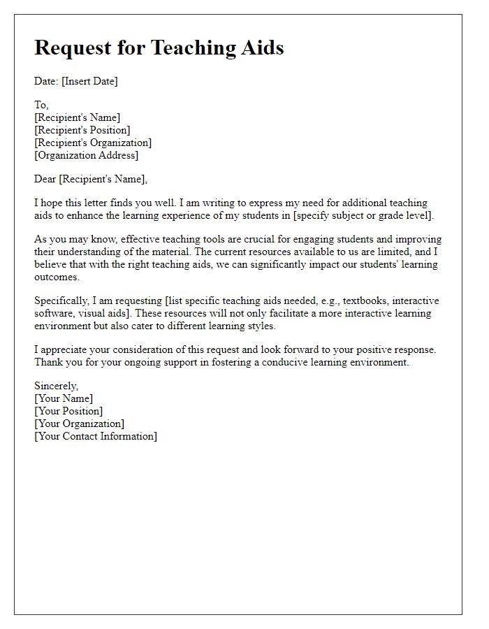 Letter template of need for teaching aids