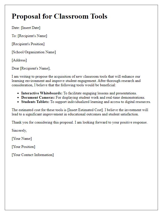 Letter template of proposal for classroom tools